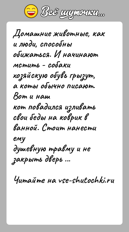 История: Домашние животные, как и люди, способны обижаться. И начинаютмстить - собаки хозяйскую обувь грызут, а коты обычно писают. Вот и