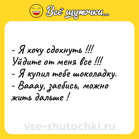 Шутка: - Я хочу сдохнуть !!! Уйдите от меня все !!!<br>- Я купил тебе шоколадку.<br>- Вааау, заебись, можно жить дальше !