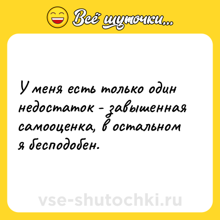Шутка: У меня есть только один недостаток - завышенная самооценка, в остальном я бесподобен.
