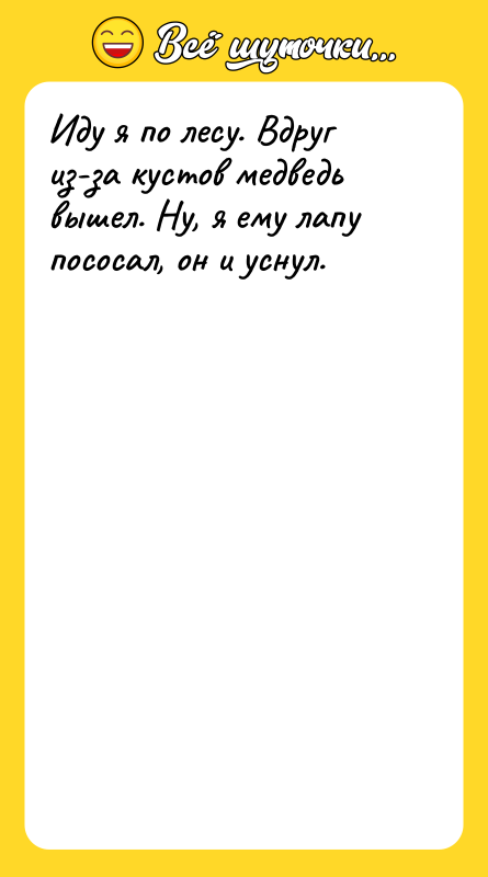 Иду я по лесу. Вдруг из-за кустов медведь вышел. Ну,