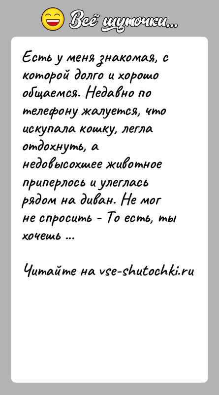 История: Есть у меня знакомая, с которой долго и хорошо общаемся. Недавно по телефону жалуется, что искупала кошку, легла отдохнуть, а