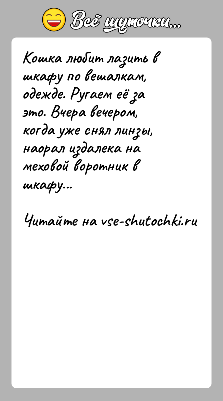 История: Кошка любит лазить в шкафу по вешалкам, одежде. Ругаем её за это. Вчера вечером, когда уже снял линзы, наорал издалека