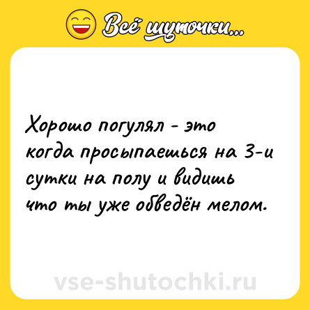 Шутка: Хорошо погулял - это когда просыпаешься на 3-и сутки на полу и видишь что ты уже обведён мелом.