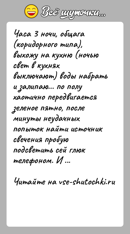 История: Часа 3 ночи, общага (коридорного типа), выхожу на кухню (ночью свет в кухнях выключают) воды набрать и залипаю... по полу