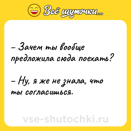 Шутка: – Зачем ты вообще предложила сюда поехать? <br>– Ну, я же не знала, что ты согласишься.