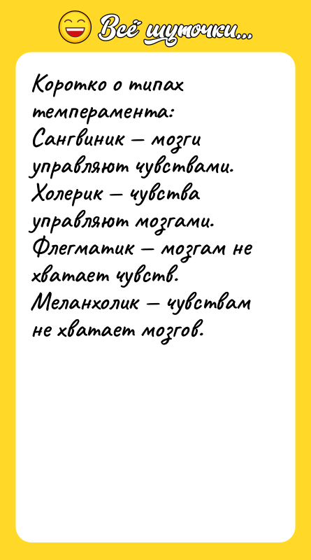 Коротко о типах темперамента: Сангвиник — мозги управляют чувствами. Холерик