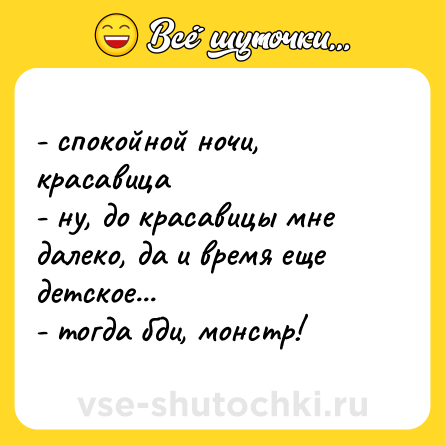 Шутка: - спокойной ночи, красавица<br>- ну, до красавицы мне далеко, да и время еще детское...<br>- тогда бди, монстр!