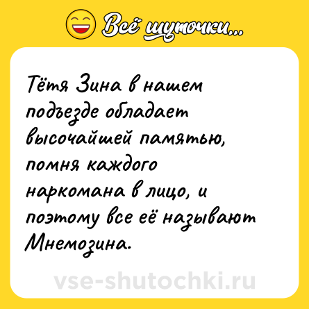 Шутка: Тётя Зина в нашем подъезде обладает высочайшей памятью, помня каждого наркомана в лицо, и поэтому все её называют Мнемозина.