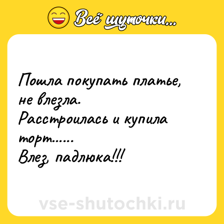 Шутка: Пошла покупать платье, не влезла.<br>Расстроилась и купила торт......<br>Влез, падлюка!!!