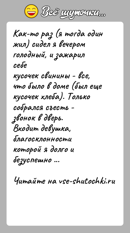 История: Как-то раз (я тогда один жил) сидел я вечером голодный, и зажарил себекусочек свинины - все, что было в доме