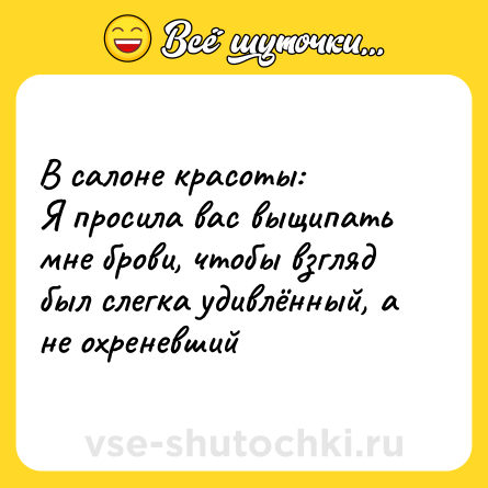 Шутка: В салоне красоты:<br>Я просила вас выщипать мне брови, чтобы взгляд был слегка удивлённый, а не охреневший