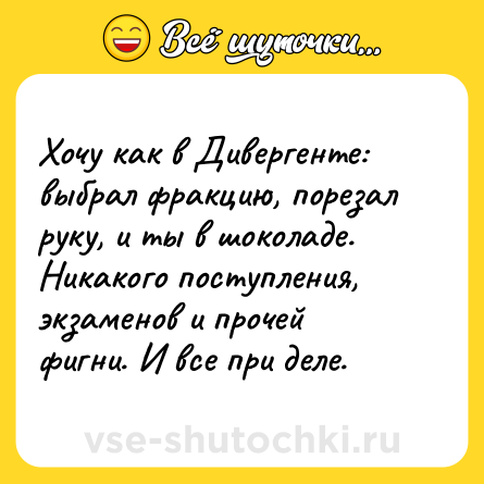Шутка: Хочу как в Дивергенте: выбрал фракцию, порезал руку, и ты в шоколаде. Никакого поступления, экзаменов и прочей фигни. И все при деле.