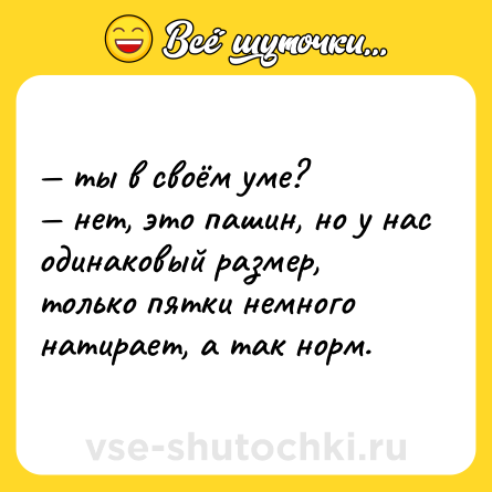 Шутка: — ты в своём уме? <br>— нет, это пашин, но у нас одинаковый размер, только пятки немного натирает, а так норм.