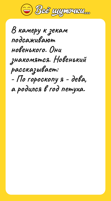В камеру к зекам подсаживают новенького. Они знакомятся. Новенький рассказывает: