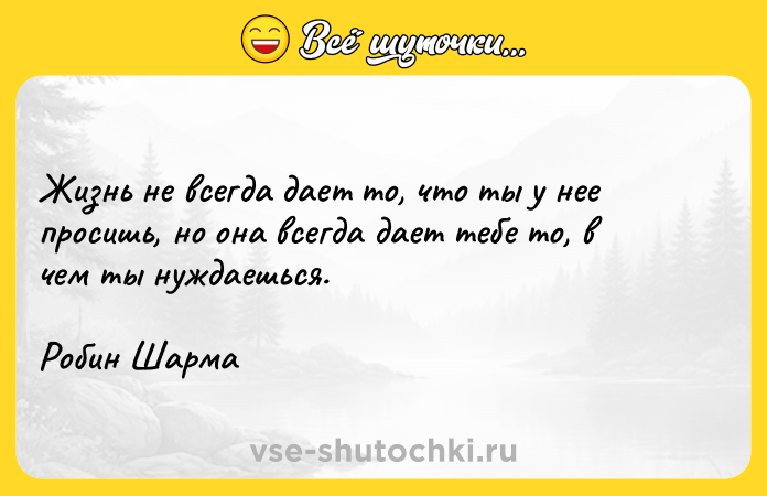 Цитата: Жизнь не всегда дает то, что ты у нее просишь, но она всегда дает тебе то, в чем ты нуждаешься.Робин Шарма