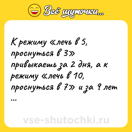 Шутка: К режиму «лечь в 5, проснуться в 3» привыкаешь за 2 дня, а к режиму «лечь в 10, проснуться в 7» и за 9 лет не привыкнешь.