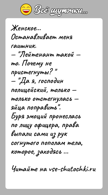 История: Женское...Останавливает меня гаишник. Лейтенант такой то. Почему не пристегнуты? Да я, господин полицейский, только только отстегнулась