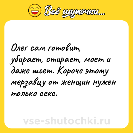 Шутка: Олег сам готовит, убирает, стирает, моет и даже шьет. Короче этому мерзавцу от женщин нужен только секс.