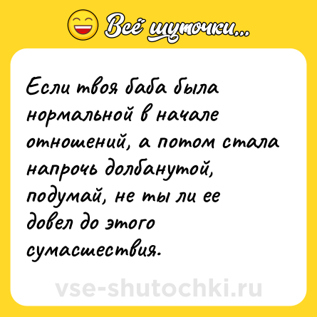 Шутка: Если твоя баба была нормальной в начале отношений, а потом стала напрочь долбанутой, подумай, не ты ли ее довел до этого сумасшествия.