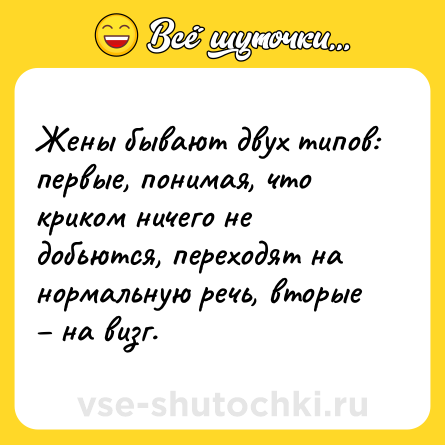 Шутка: Жены бывают двух типов: первые, понимая, что криком ничего не добьются, переходят на нормальную речь, вторые – на визг.