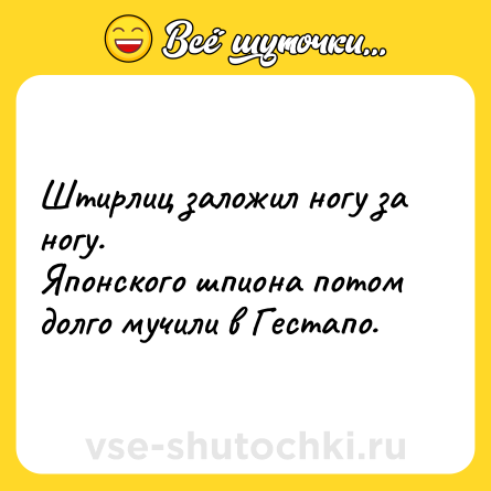 Шутка: Штирлиц заложил ногу за ногу.<br>Японского шпиона потом долго мучили в Гестапо.