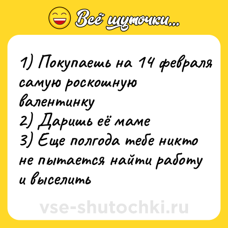 Шутка: 1) Покупаешь на 14 февраля самую роскошную валентинку<br>2) Даришь её маме<br>3) Еще полгода тебе никто не пытается найти работу и выселить