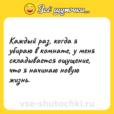 Шутка: Каждый раз, когда я убираю в комнате, у меня складывается ощущение, что я начинаю новую жизнь.