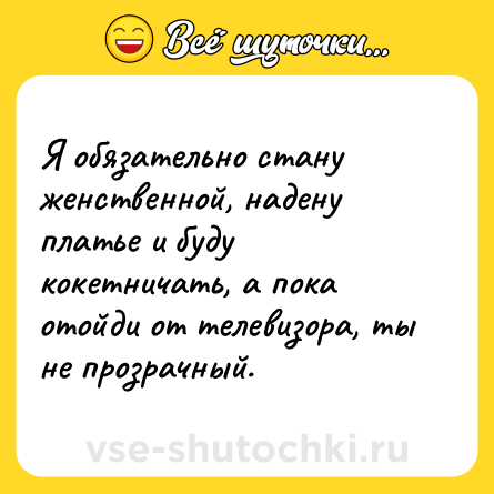 Шутка: Я обязательно стану женственной, надену платье и буду кокетничать, а пока отойди от телевизора, ты не прозрачный.