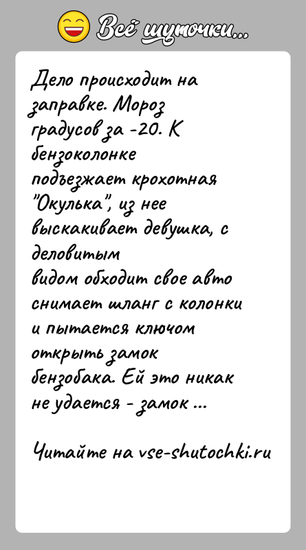 История: Дело происходит на заправке. Мороз градусов за -20. К бензоколонкеподъезжает крохотная Окулька , из нее выскакивает девушка, с деловитымвидом обходит свое
