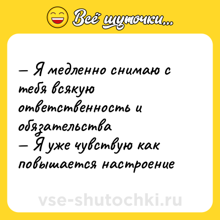 Шутка: — Я медленно снимаю с тебя всякую ответственность и обязательства <br>— Я уже чувствую как повышается настроение