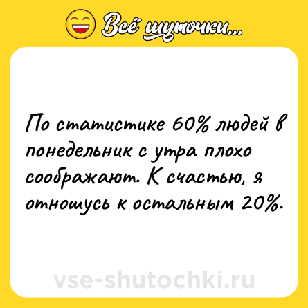 Шутка: По статистике 60% людей в понедельник с утра плохо соображают. К счастью, я отношусь к остальным 20%.