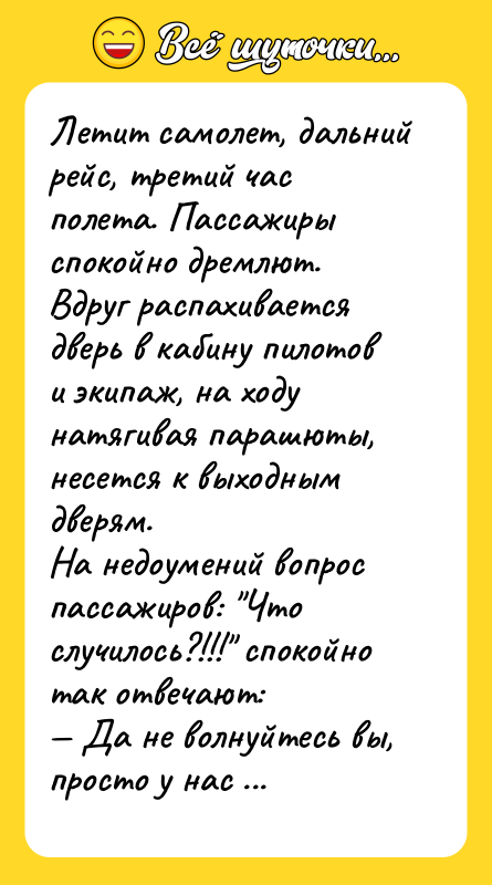 Летит самолет, дальний рейс, третий час полета. Пассажиры спокойно дремлют.<br/>Вдруг