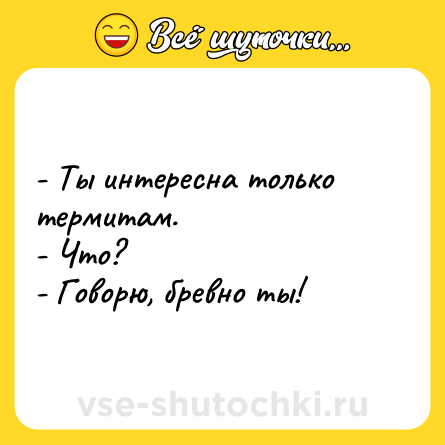 Шутка: - Ты интересна только термитам.<br>- Что?<br>- Говорю, бревно ты!
