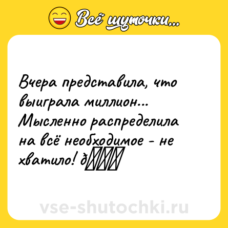 Шутка: Вчера представила, что выиграла миллион... Мысленно распределила на всё необходимое - не хватило! 😄