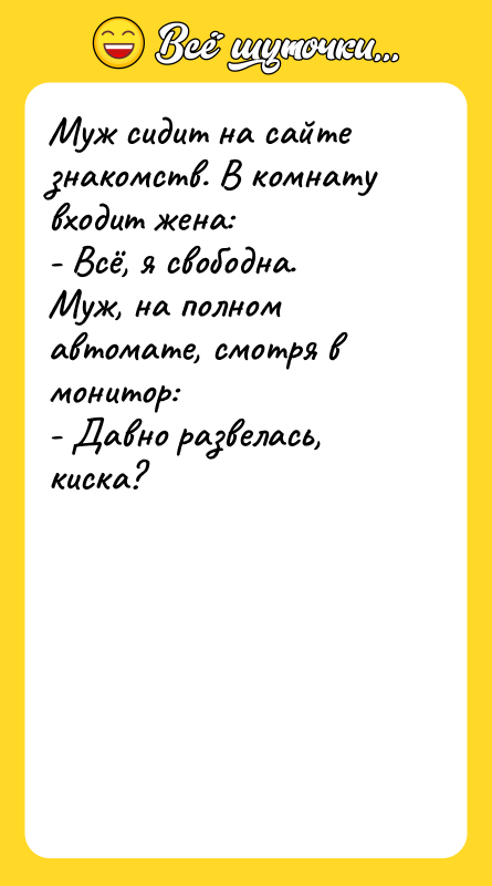 Муж сидит на сайте знакомств. В комнату входит жена: 