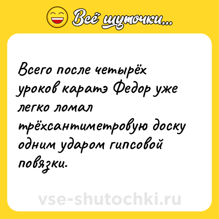 Шутка: Всего после четырёх уроков каратэ Федор уже легко ломал трёхсантиметровую доску одним ударом гипсовой повязки.