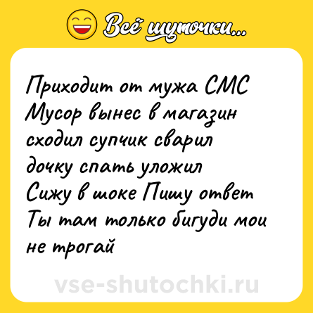 Шутка: Приходит от мужа СМС<br>Мусор вынес в магазин сходил супчик сварил дочку спать уложил<br>Сижу в шоке Пишу ответ<br>Ты там только бигуди мои не трогай
