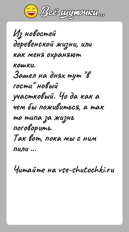 История: Из новостей деревенской жизни, или как меня охраняют кошки.Зашел на днях тут в гости новый участковый. Чо да как а