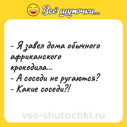 Шутка: - Я завел дома обычного африканского крокодила...<br>- А соседи не ругаются?<br>- Какие соседи?!
