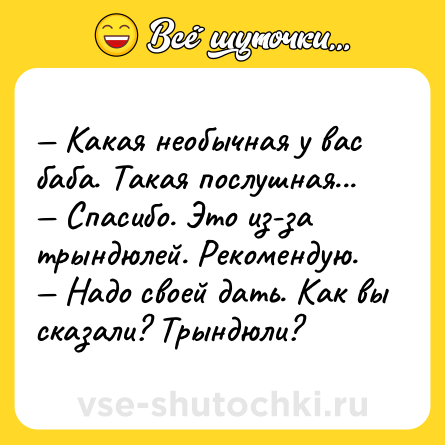 Шутка: — Какая необычная у вас баба. Такая послушная...<br>— Спасибо. Это из-за трындюлей. Рекомендую.<br>— Надо своей дать. Как вы сказали? Трындюли?