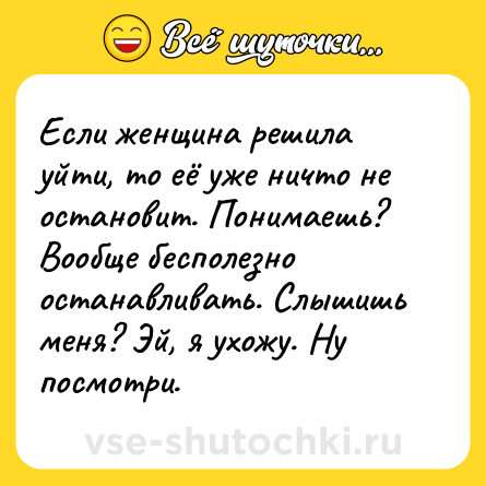Шутка: Если женщина решила уйти, то её уже ничто не остановит. Понимаешь? Вообще бесполезно останавливать. Слышишь меня? Эй, я ухожу. Ну посмотри.