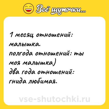 Шутка: 1 месяц отношений: малышка.<br>полгода отношений: ты моя малышка)<br>два года отношений: гнида любимая.