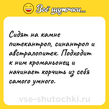 Шутка: Сидят на камне питекантроп, синантроп и австралопитек. Подходит к ним кроманьонец и начинает корчить из себя самого умного.