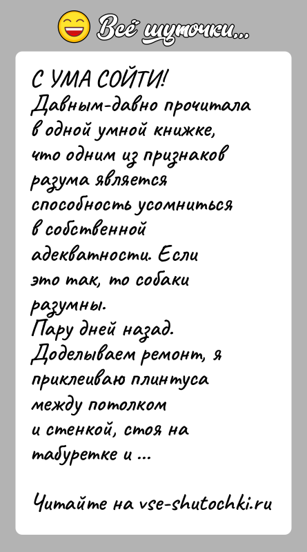 История: С УМА СОЙТИ!Давным-давно прочитала в одной умной книжке, что одним из признаковразума является способность усомниться в собственной адекватности. Еслиэто так,