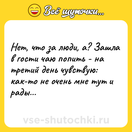 Шутка: Нет, что за люди, а? Зашла в гости чаю попить - на третий день чувствую: как-то не очень мне тут и рады…