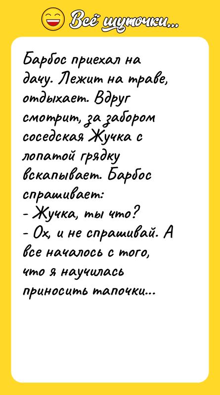 Барбос приехал на дачу. Лежит на траве, отдыхает. Вдруг смотрит,