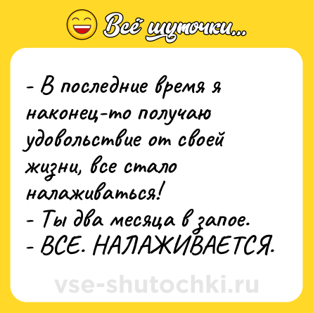 Шутка: - В последние время я наконец-то получаю удовольствие от своей жизни, все стало налаживаться!<br>- Ты два месяца в запое.<br>- ВСЕ. НАЛАЖИВАЕТСЯ.
