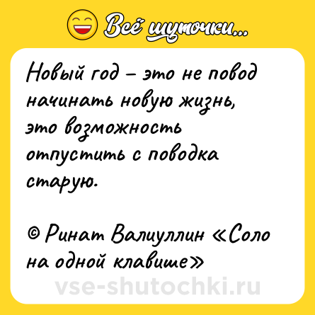 Шутка: Новый год – это не повод начинать новую жизнь, это возможность отпустить с поводка старую. <br><br>© Ринат Валиуллин «Соло на одной клавише»
