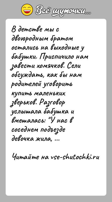 История: В детстве мы с двоюродным братом остались на выходные у бабушки. Приспичило нам завести хомячков. Сели обсуждать, как бы нам