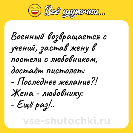 Шутка: Военный возвращается с учений, застав жену в постели с любовником, достаёт пистолет:<br>- Последнее желание?!<br>Жена - любовнику:<br>- Ещё раз!..
